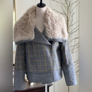 Banana Republic Faux Fur Plaid Moto Jacket, size L. SALE!